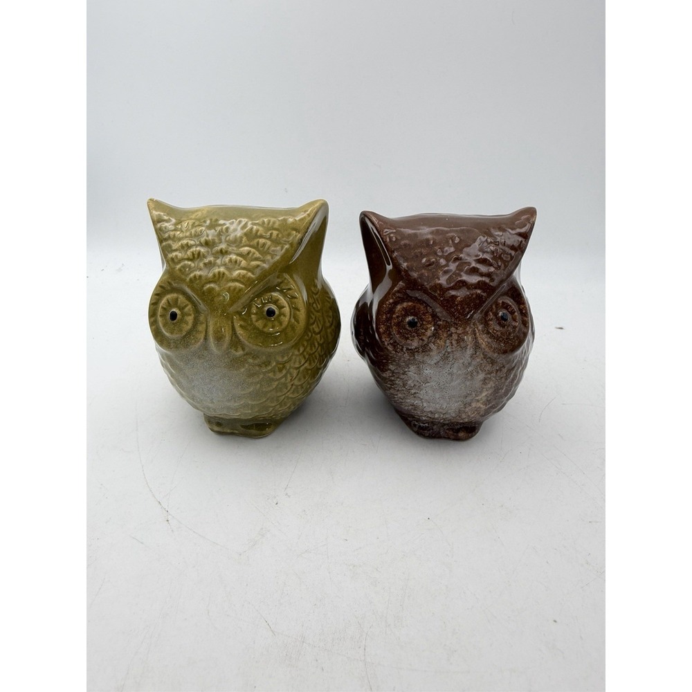 Vintage Ceramic Owl Figurine Pair Olive Green & Brown Pottery Birds